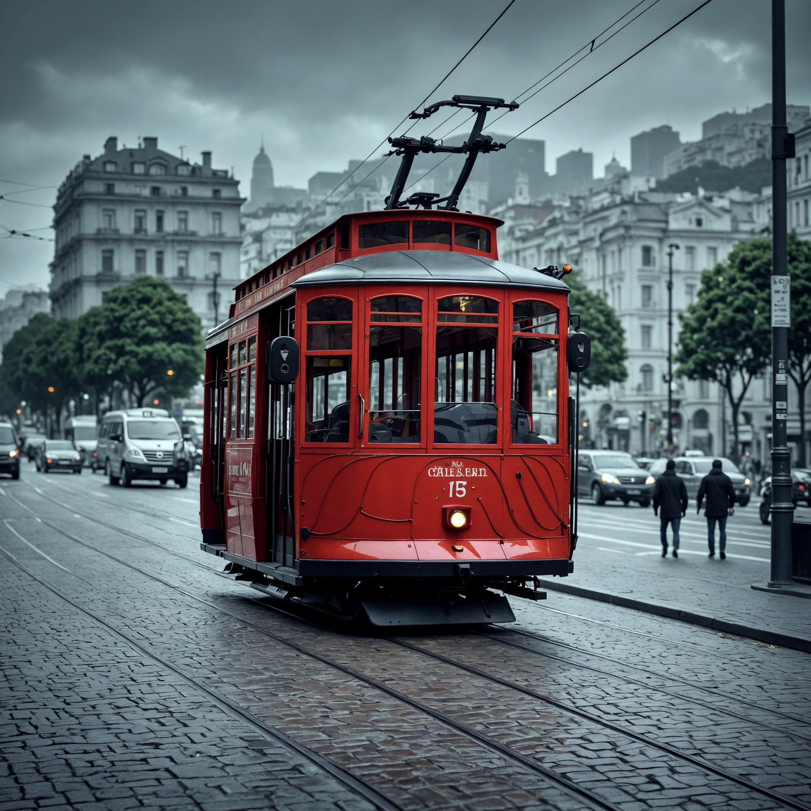 Hyperrealistic City Street Scene with Red Cable Car