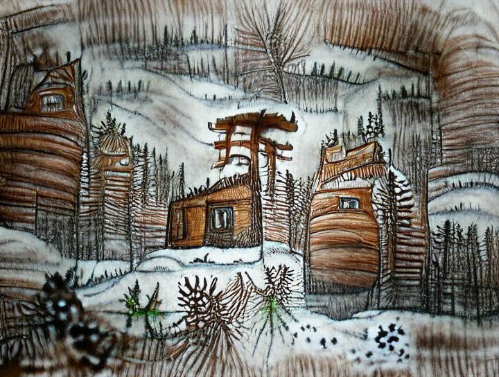 Rustic cabin in a snowy taiga