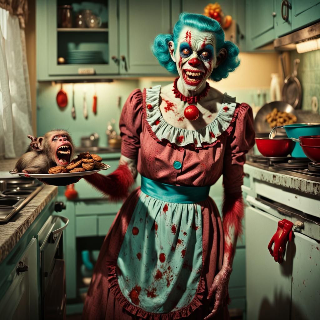 Zombie Clown Housewife with Cooked Monkey: Horror Portrait