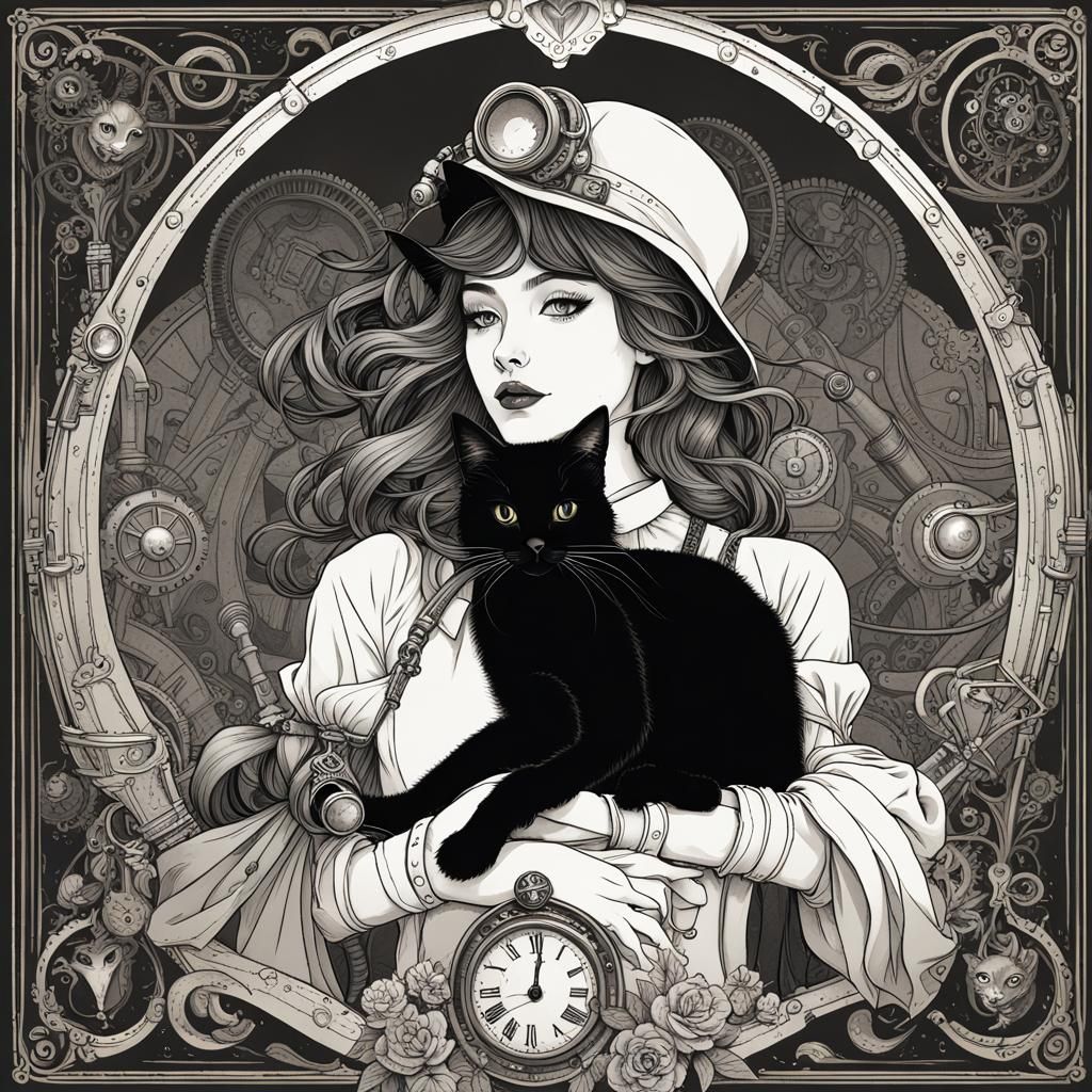 Steampunk Girl with Black Cat in Retro Style