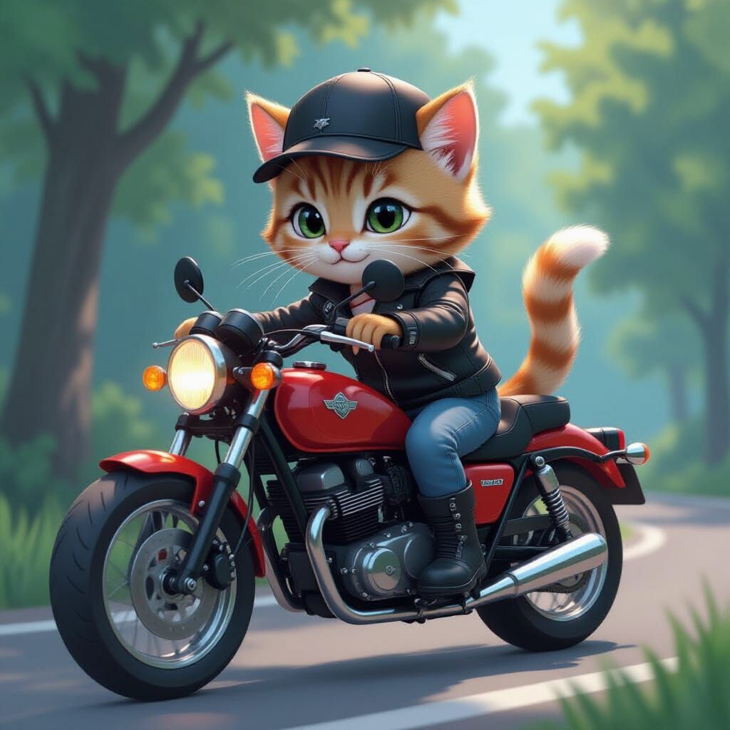 Cute Biker Kitten on Motorcycle in Anime Style