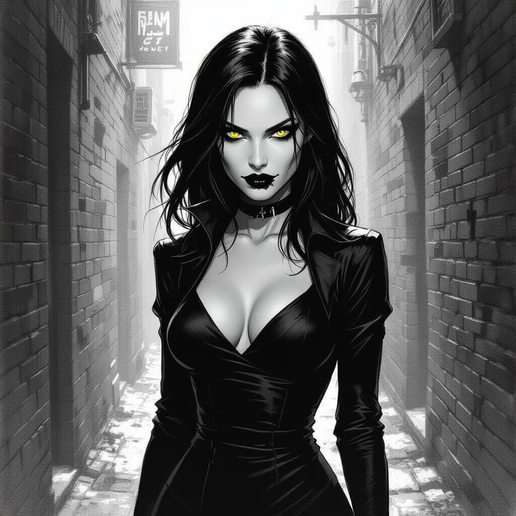 Modern Vampire Posing in Alleyway as Pencil Sketch