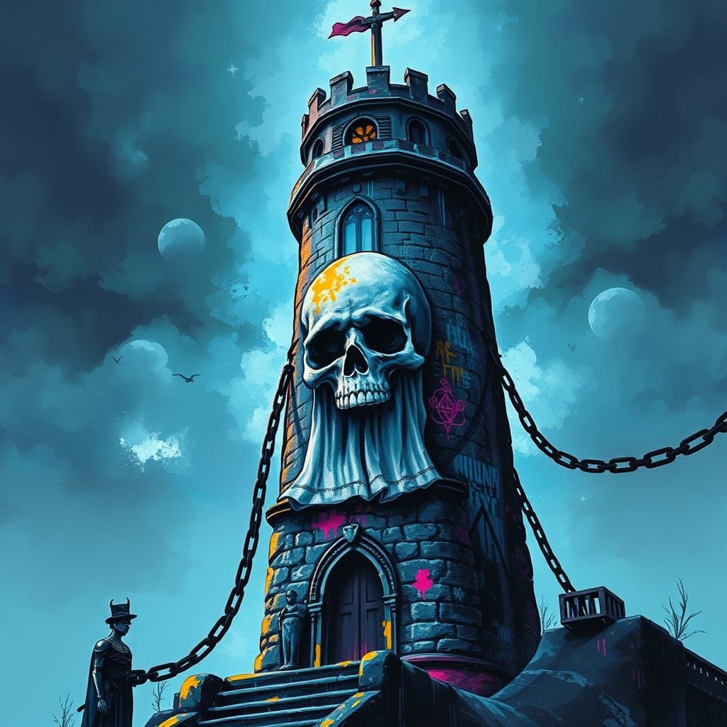 Haunted Tower in Vibrant Graffiti Style