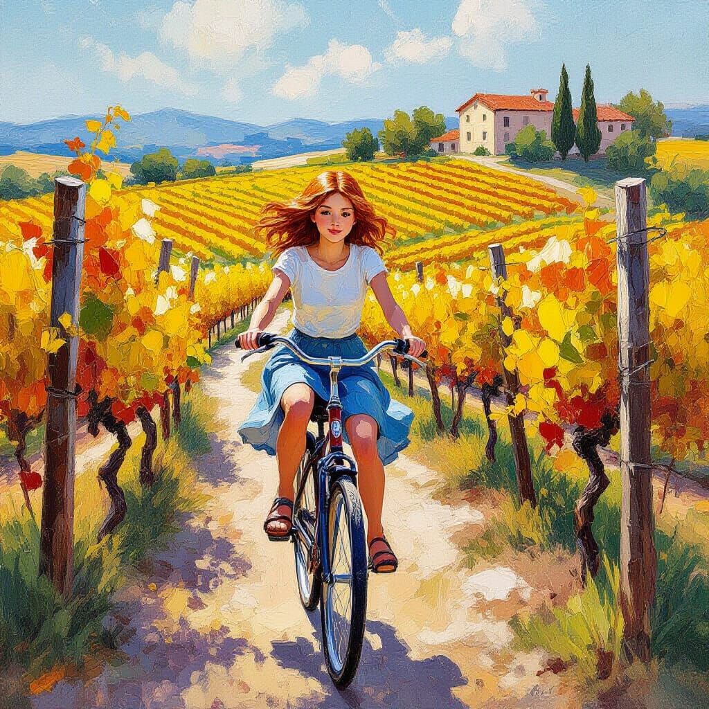 Girl Cycling Through Sunlit Vineyards in Impasto Style