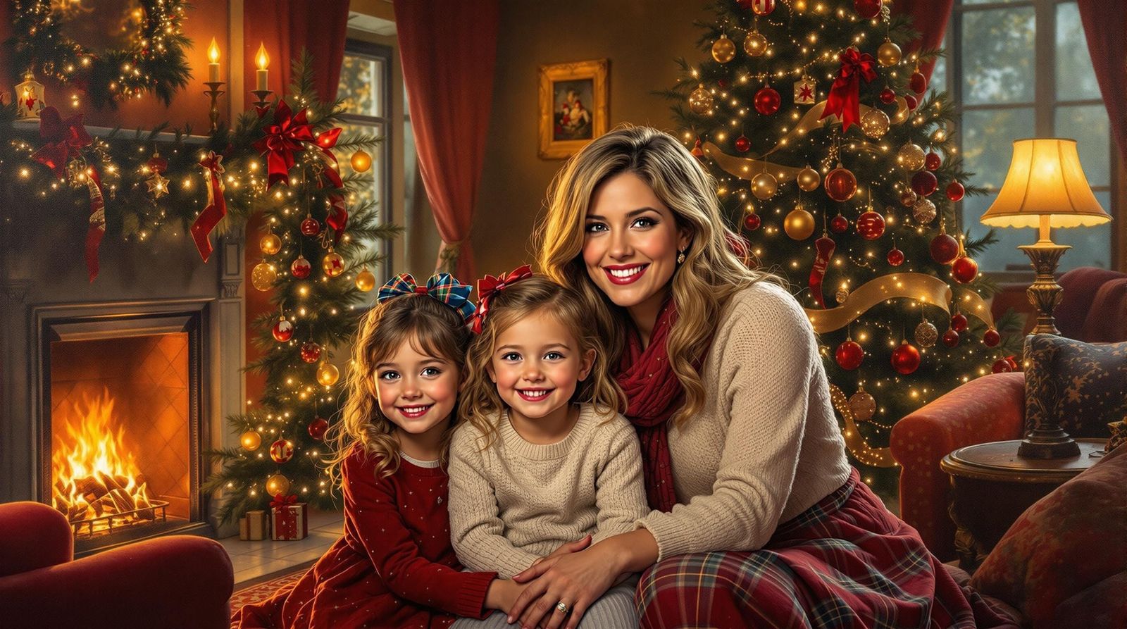 Hyperrealistic Oil Painting of Mother and Daughters in Chris...