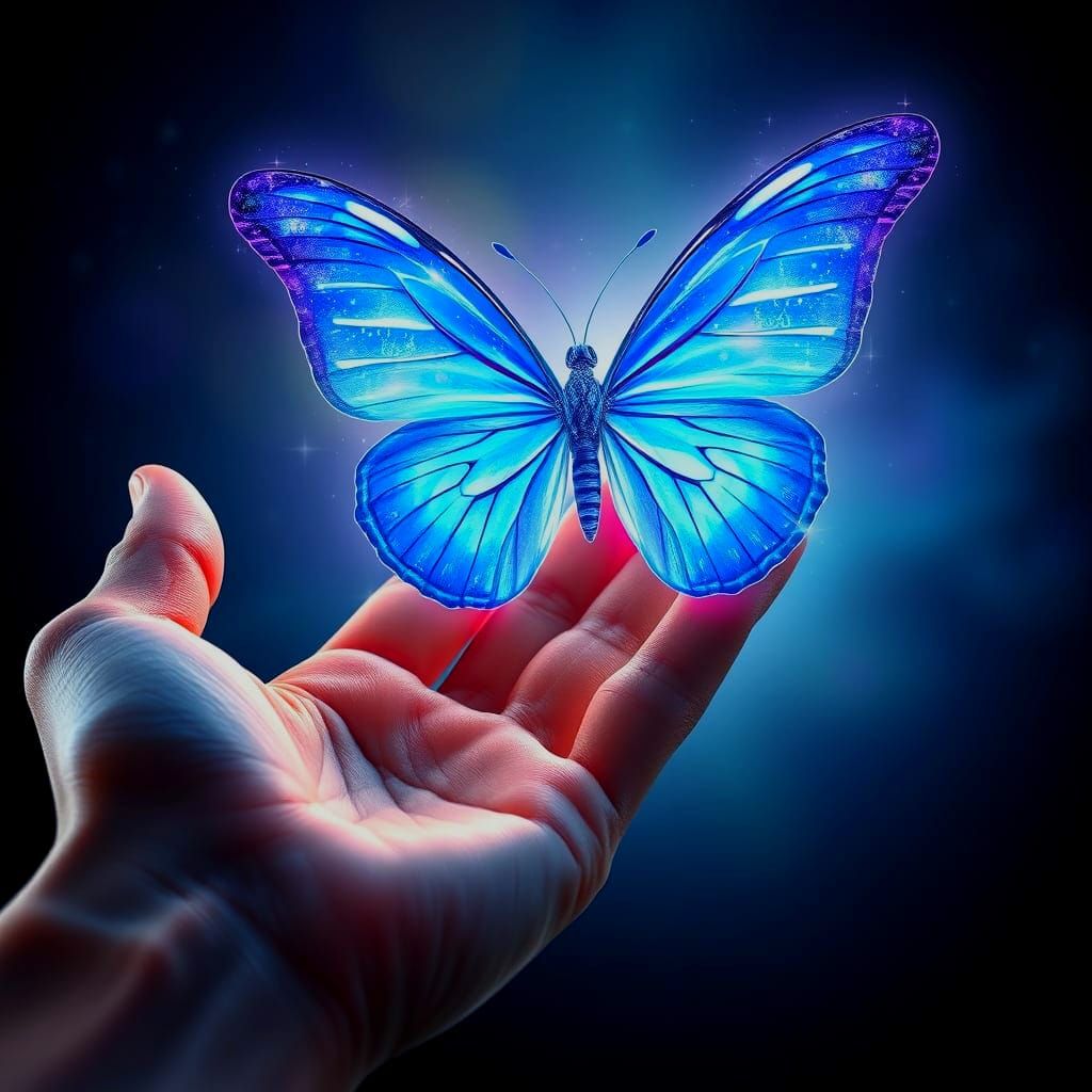 Giant Luminous Blue Butterfly on Fingertip in Astral Illustr...