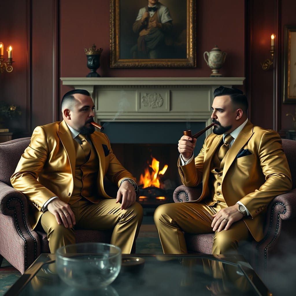 Two Gay Men in Gold Suits Smoking in Drawing Room