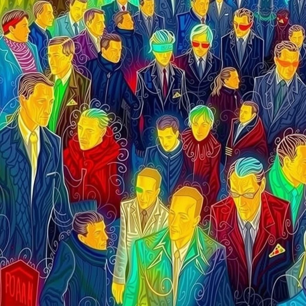 Dystopian Cityscape with Marching Fractal Figures