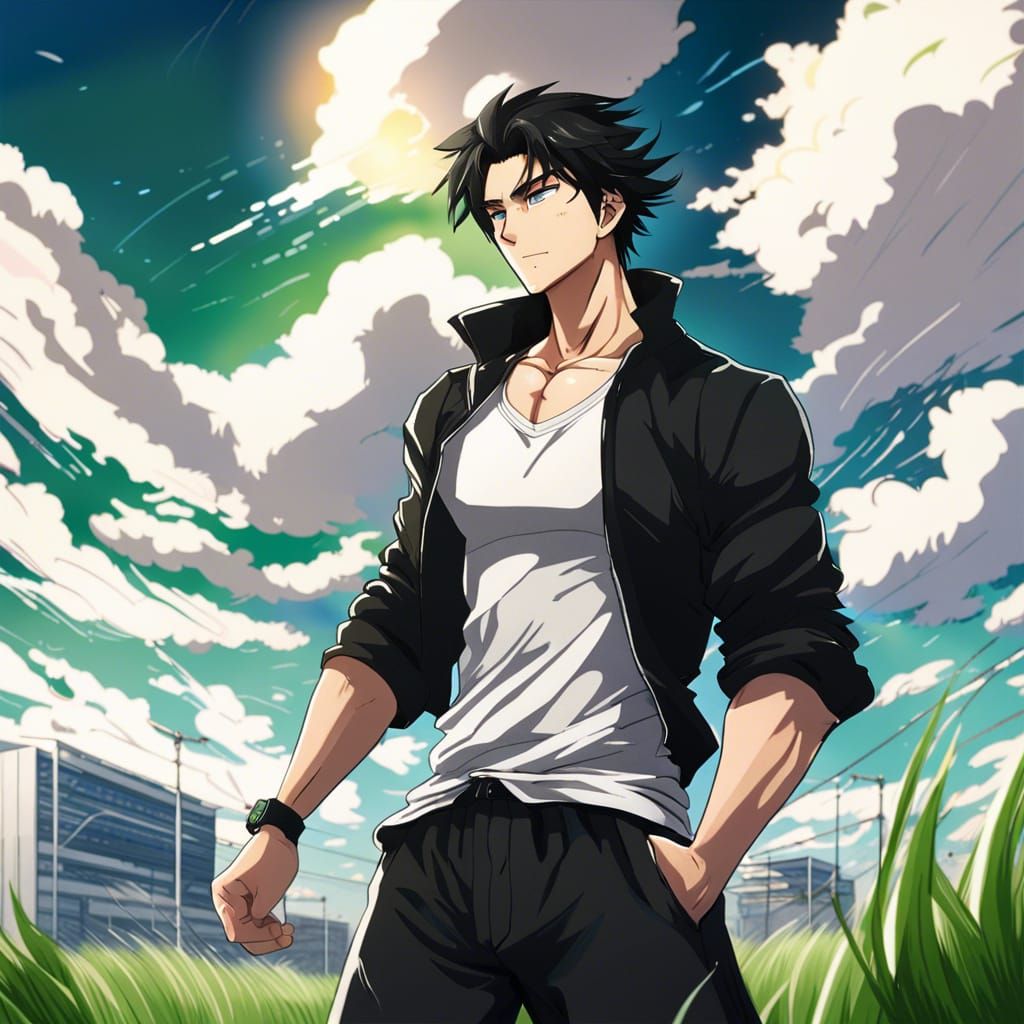 Anime Portrait: Muscular Man in Evening Landscape