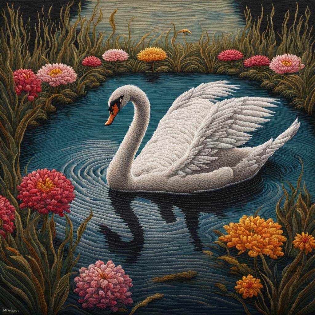Hyperrealistic Embroidered Swan on Pond: Splash Art