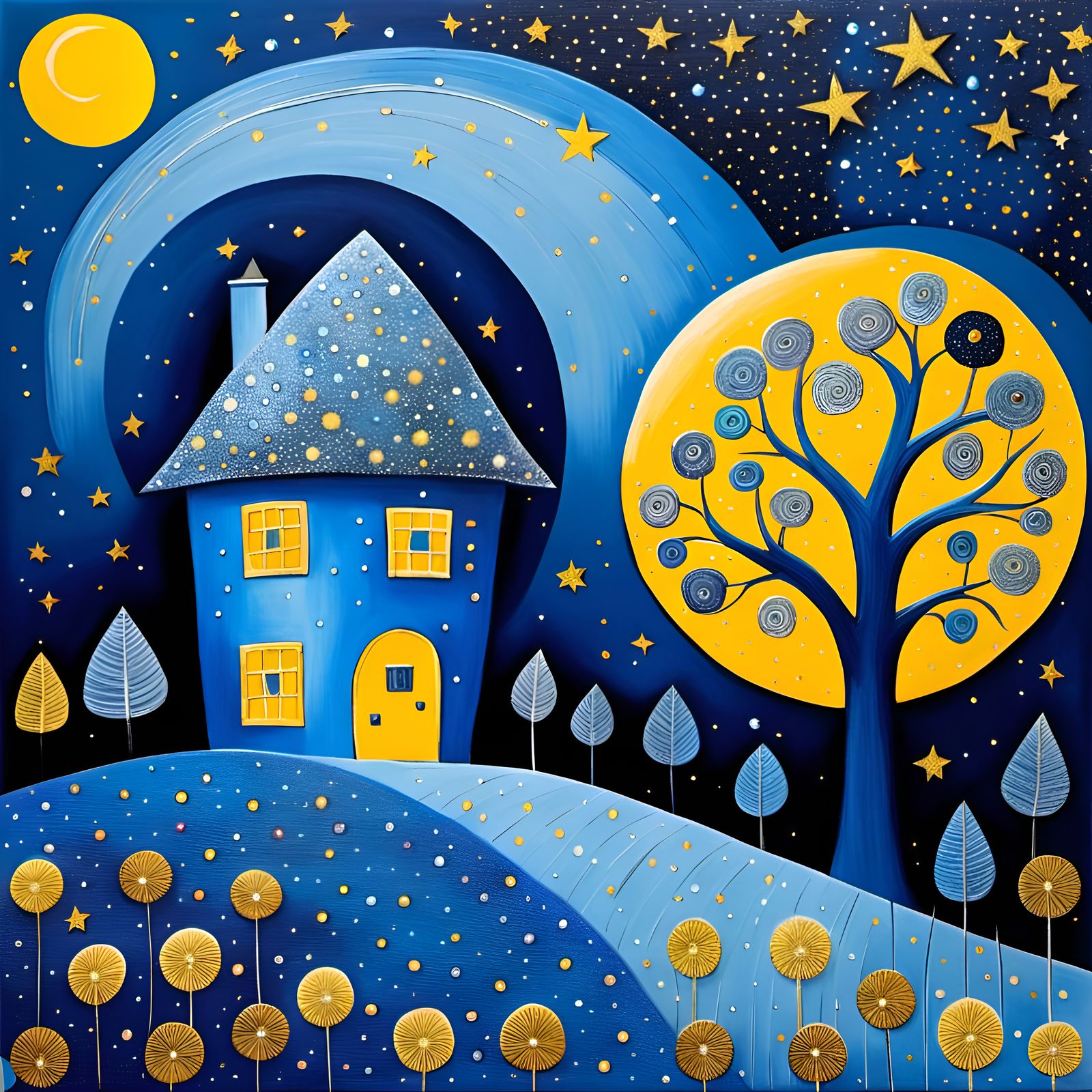 Blue Lunar Landscape in Art Brut Style