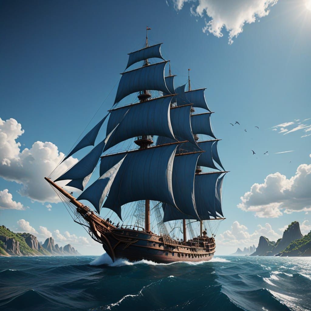 Sailing Fantasy Ship Ascends into Azure Skies