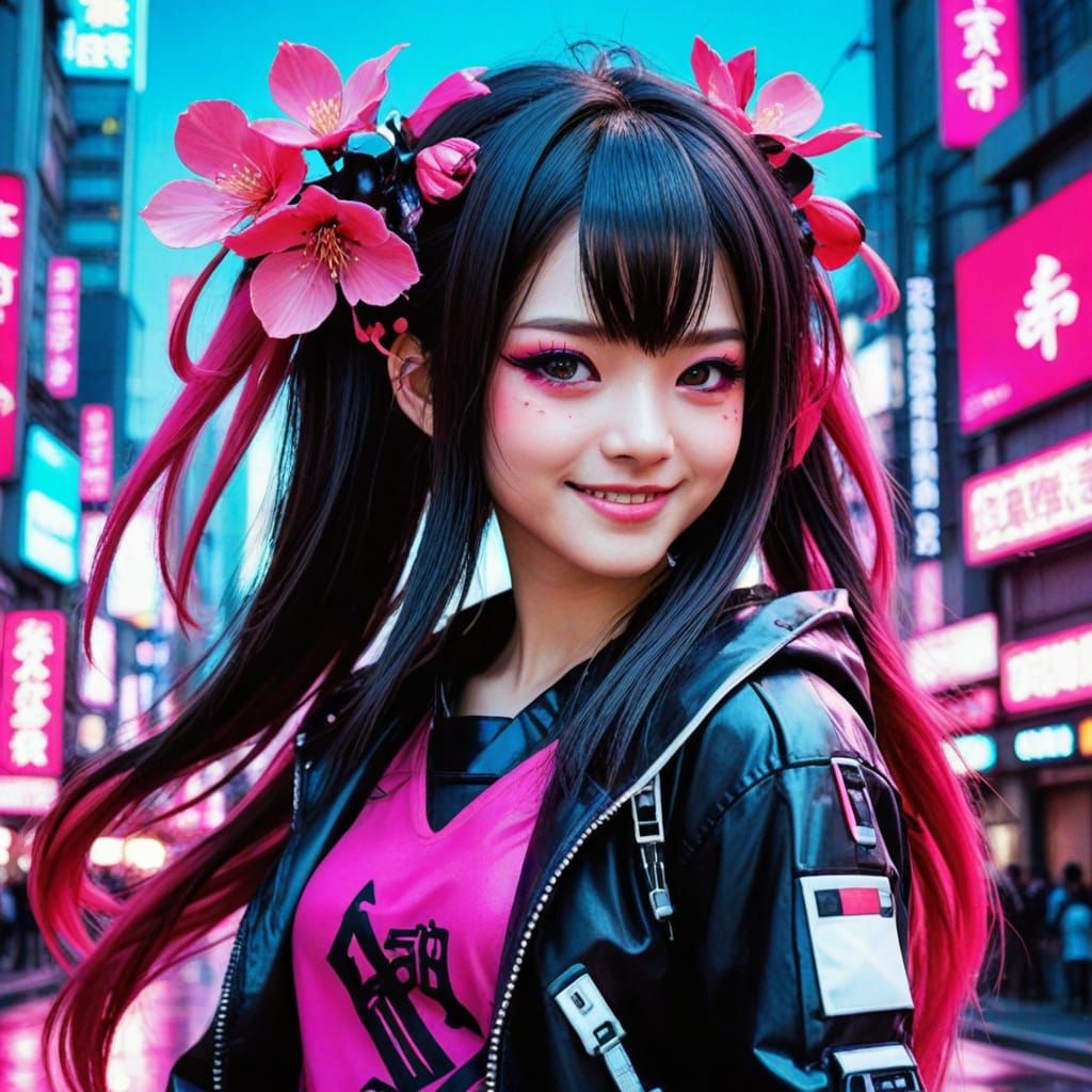 Neo Tokyo Goddess with Sakura Blooms in Vibrant Hot Pink