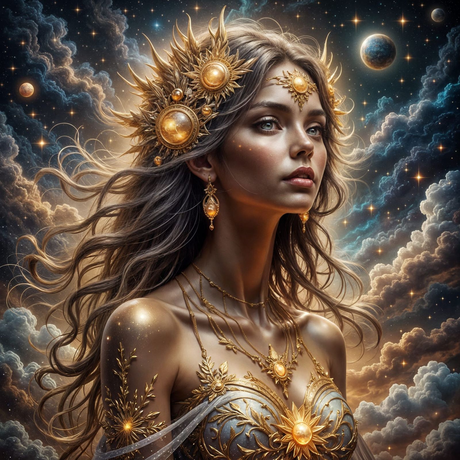 Celestial Goddess with Stardust Accents and Cosmic Backgroun...