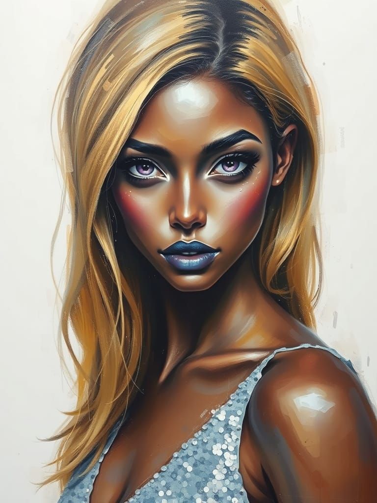 Slender Woman in Vibrant Purple Eyes Adorned with Glimmering...