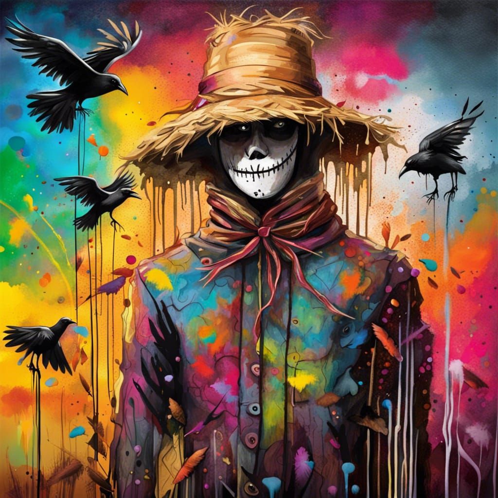 Colorful Scarecrow Graffiti Art on the Farm