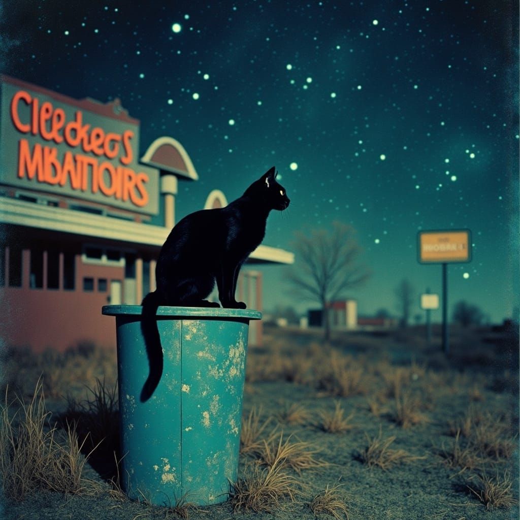 Singing Cat Under Stars Near Abandoned Theater