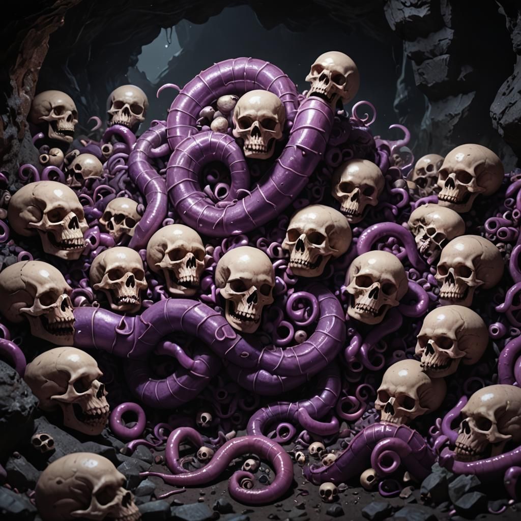Purple Worm Crushing Skulls in Dark Cave
