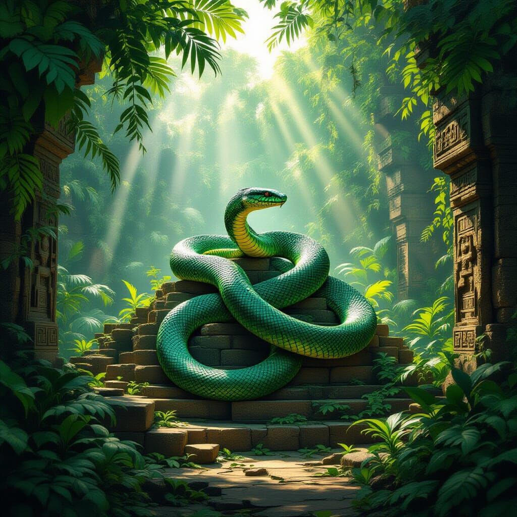 Emerald Serpent on Sunlit Aztec Ruins