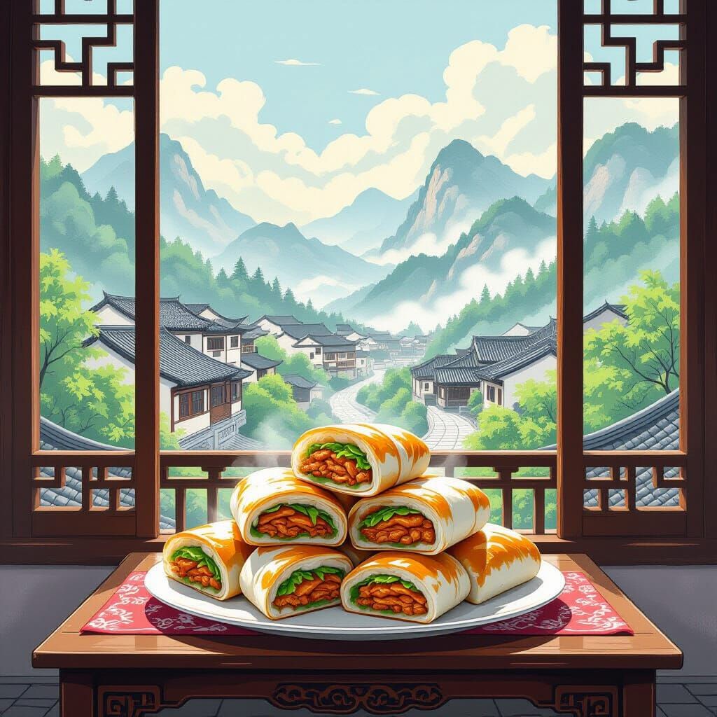 Ruojiamo Sandwiches Overlook Ancient Village in Ink Wash Pai...