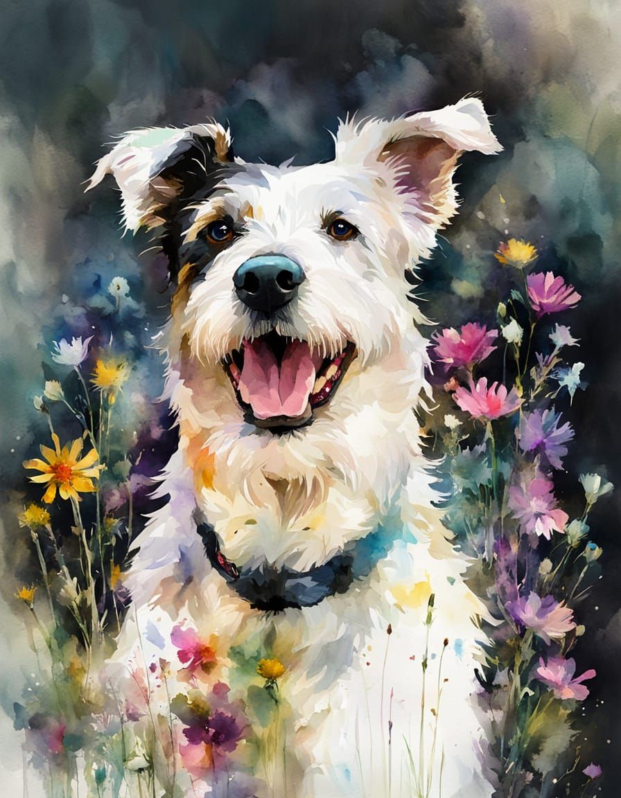 Watercolor Terrier Dog Amidst Wildflowers