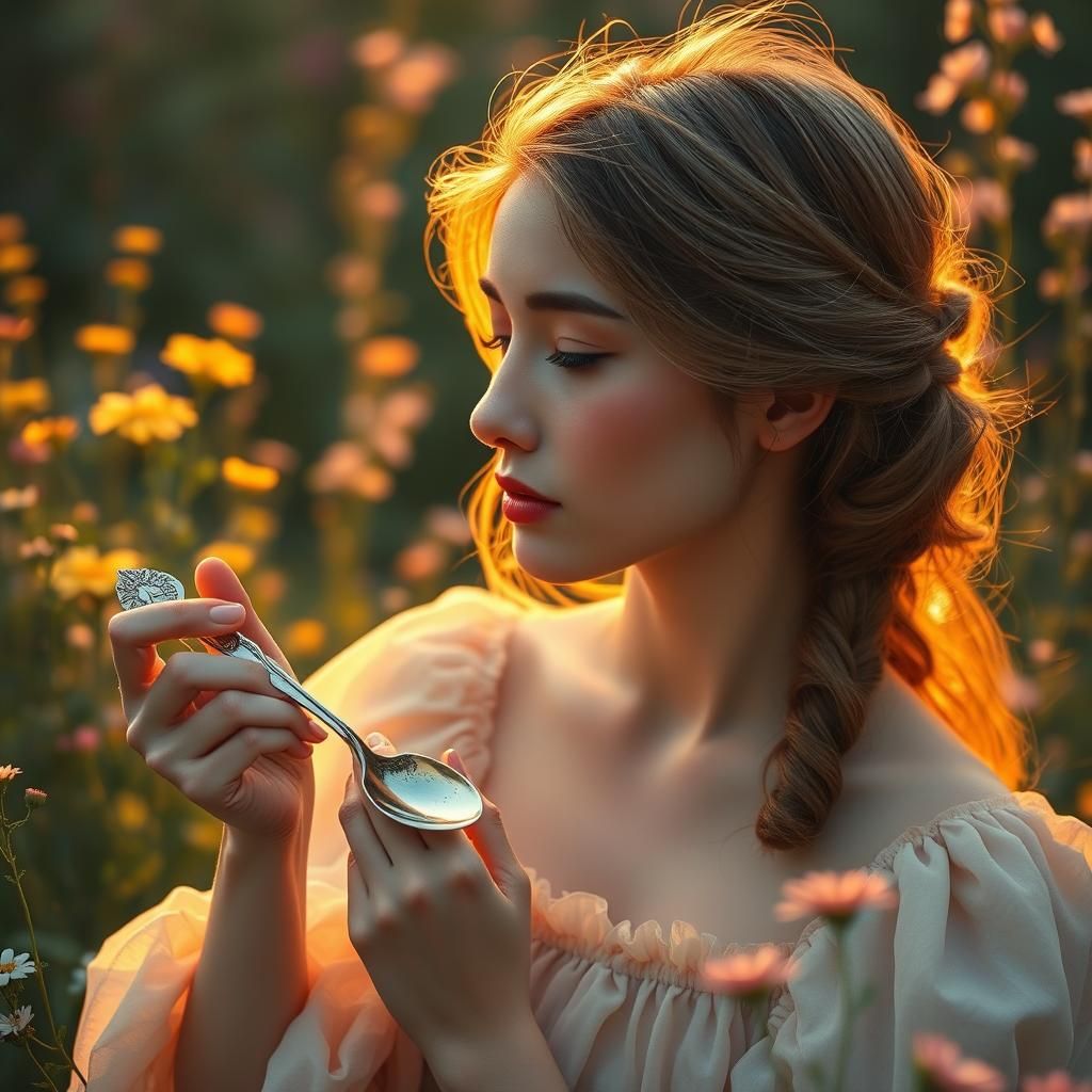 Dreamlike Woman with Spoon in Impressionist Garden