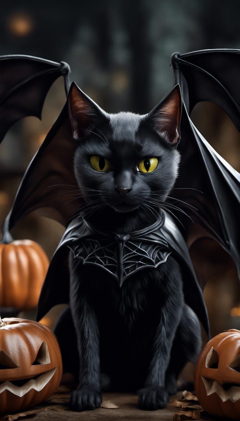 Hyperrealistic Black Cat in Bat Costume for Halloween
