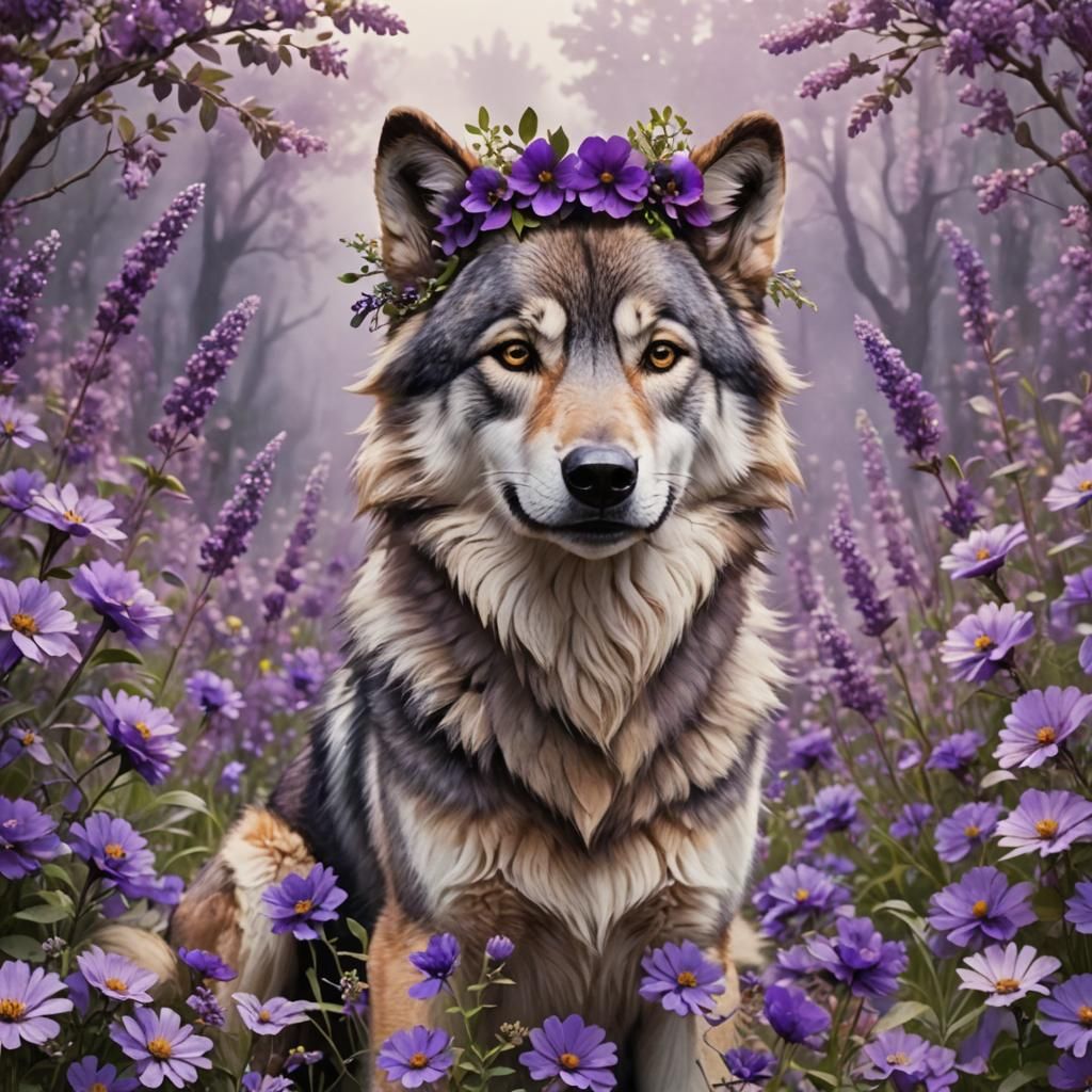 Wolf with Purple Flower Crown in Dreamy Setting