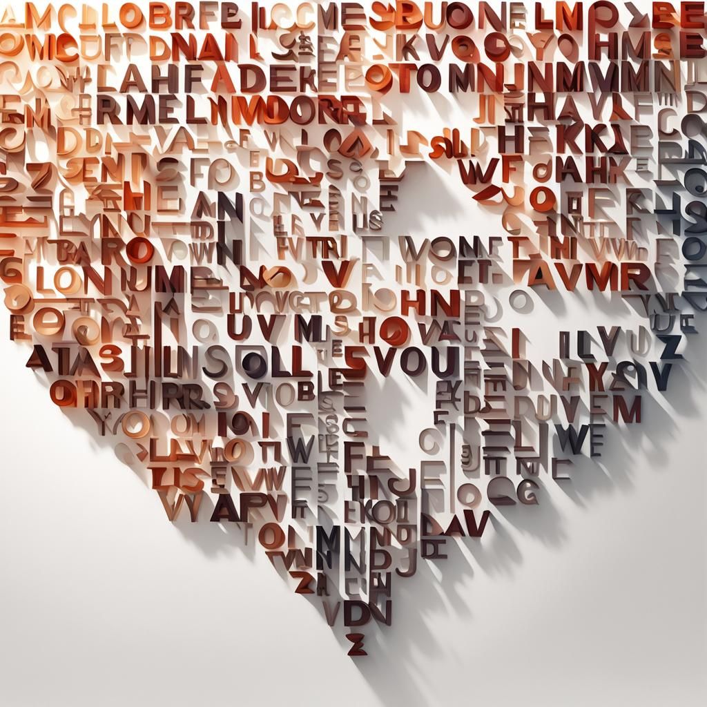 Typography art piece composed of words forming a "heart" shape on a clean, white backdrop, shadows cast below each lette...