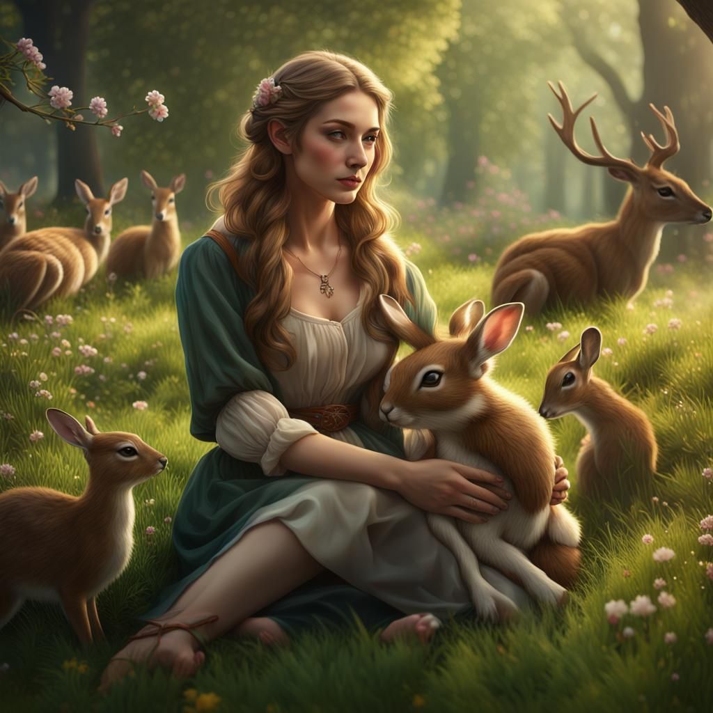 Forest Nymph with Animals in Fantasy Art