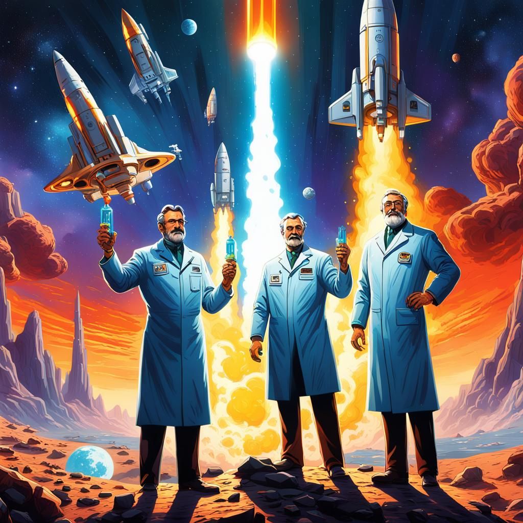 Triumphant Scientists Launch Spaceships: Propaganda Poster