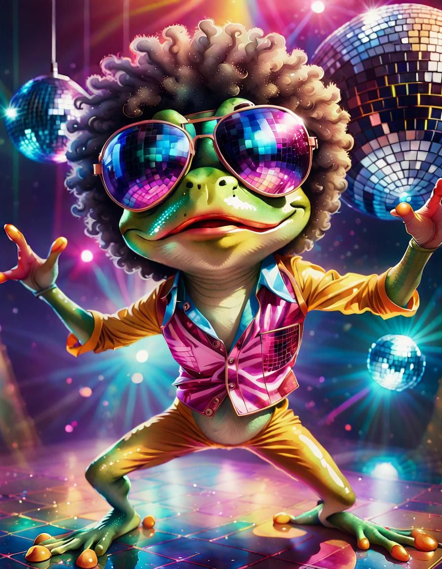 Vibrant Disco Frog Dances in Front of a Sparkling Disco Ball