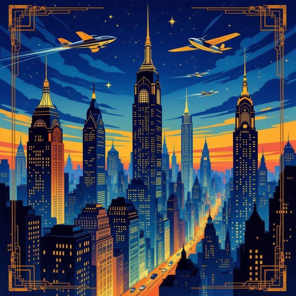 Art Deco Cityscape Twilight Poster