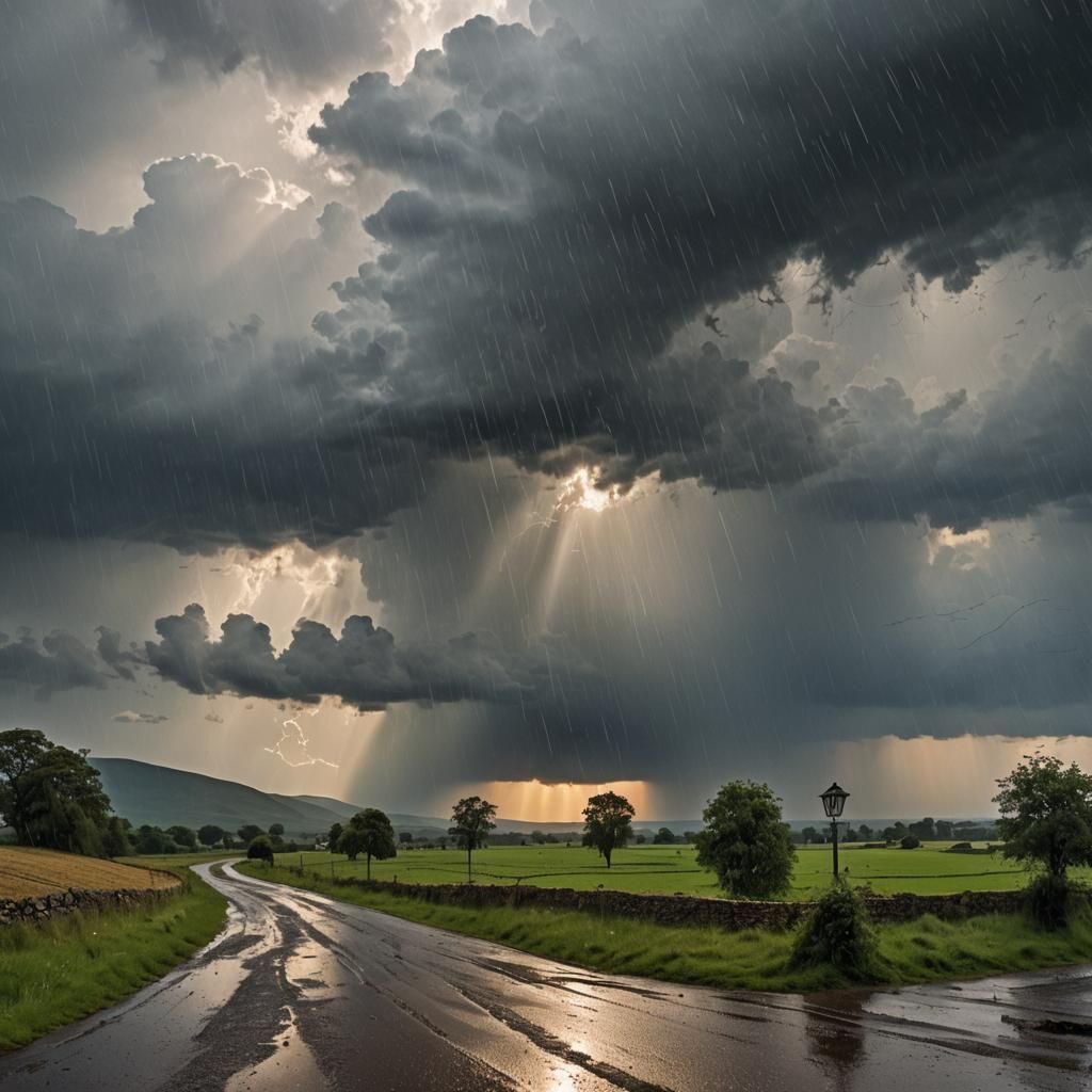 Surreal Landscape with Rain and Sunlight