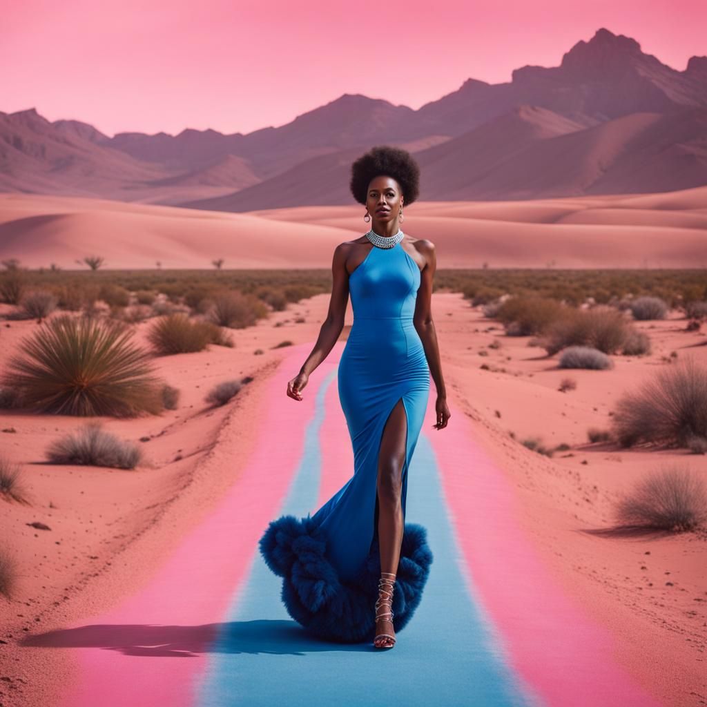 Hyperrealistic Portrait: Woman in Blue Dress in Desert
