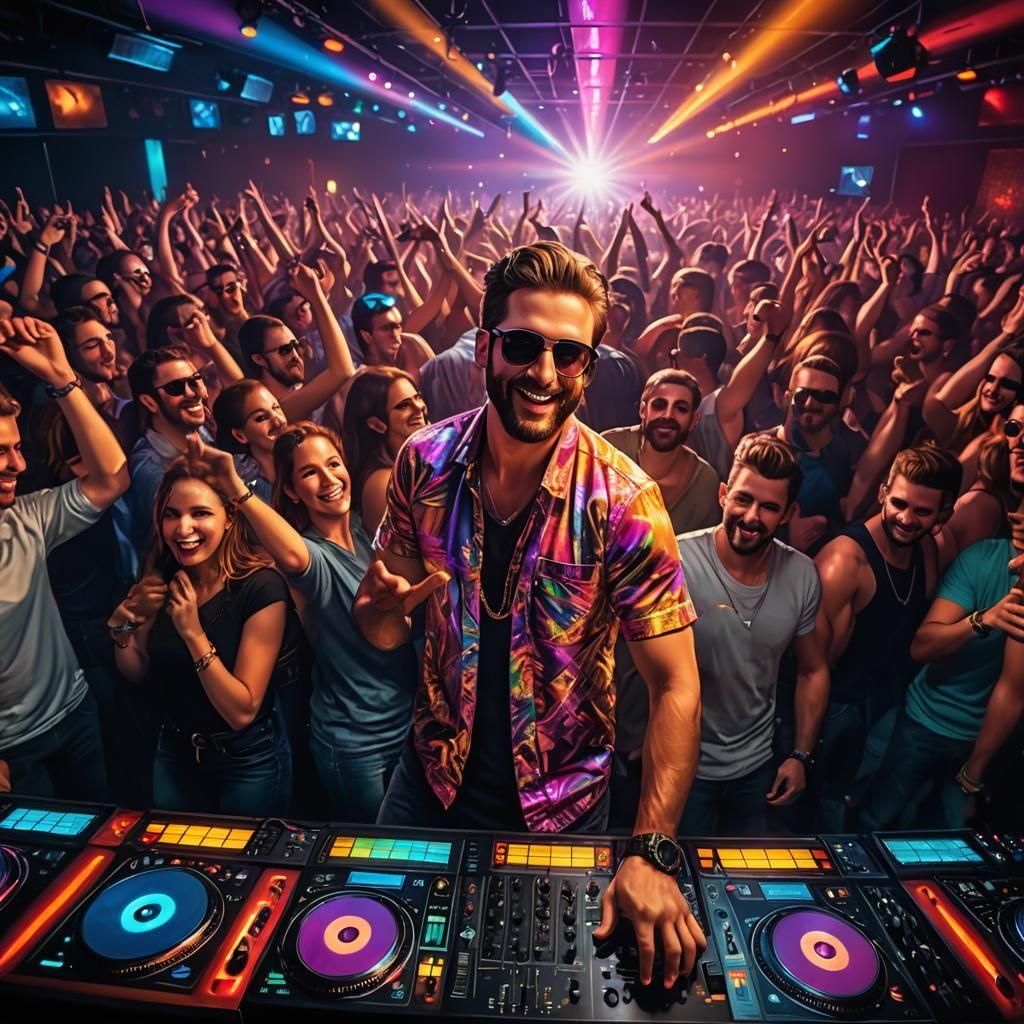 Hyperrealistic DJ in Crowded Dance Club