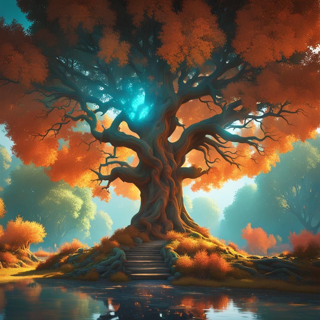 Magical Multicolored Tree Concept Art in Art Nouveau Style