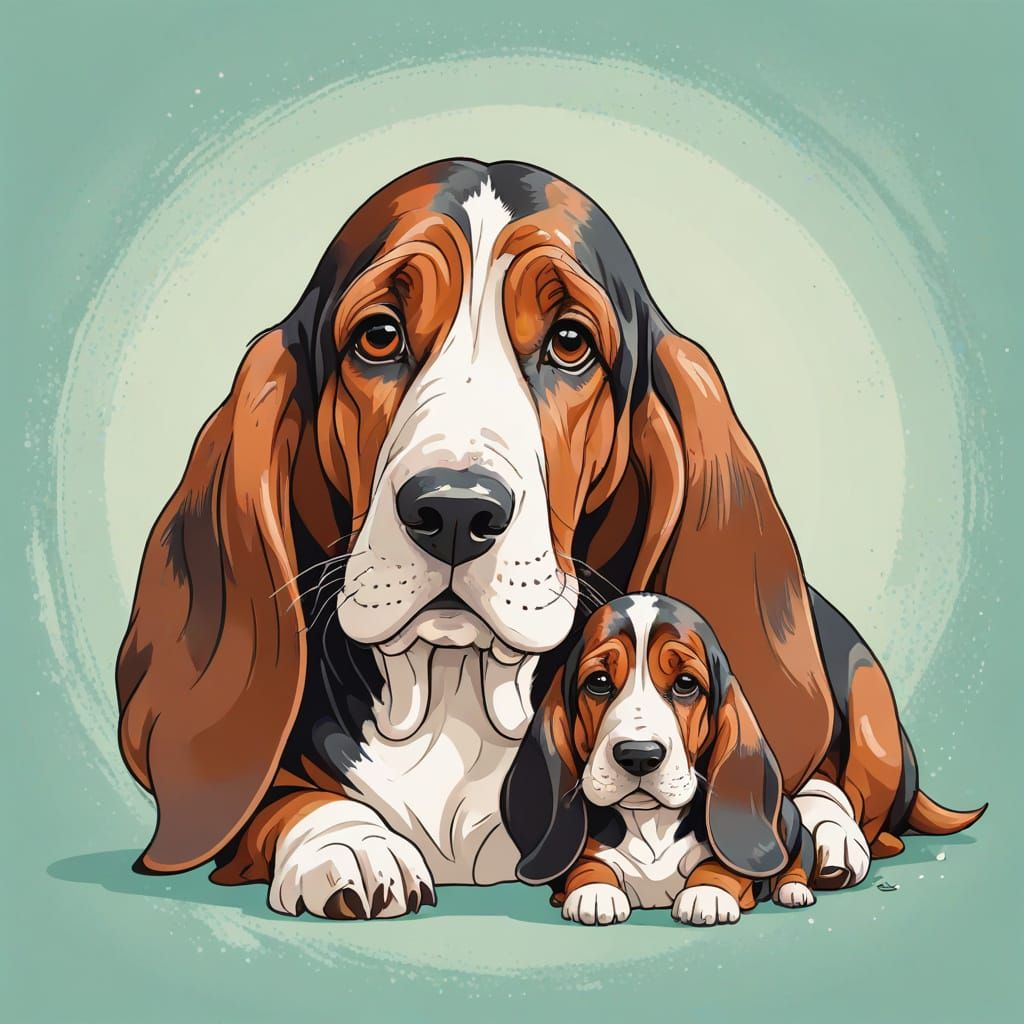 Basset Hound Mother and Puppy in Whimsical Cartoon Style