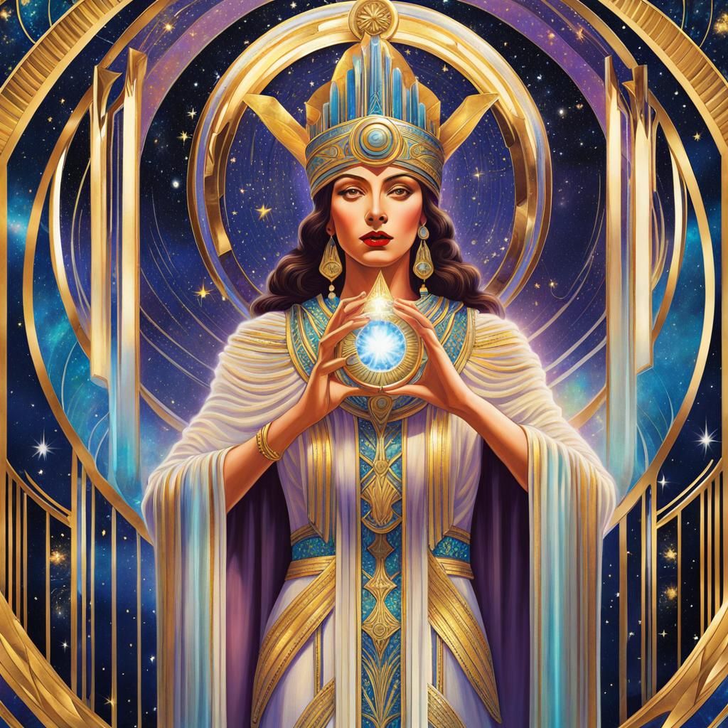 High priestess tarot card. Art deco. Tarot deck. Mysterious.