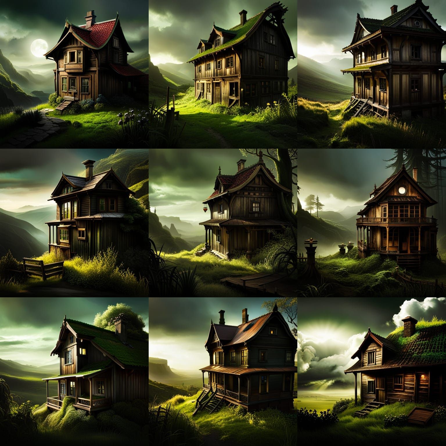 Eerie Haunted House with Overgrown Moss and Red Light