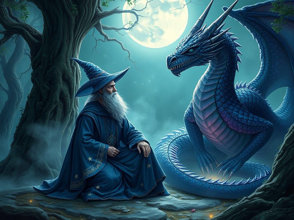 Majestic Wizard and Dragon Explore the Mystical Forest