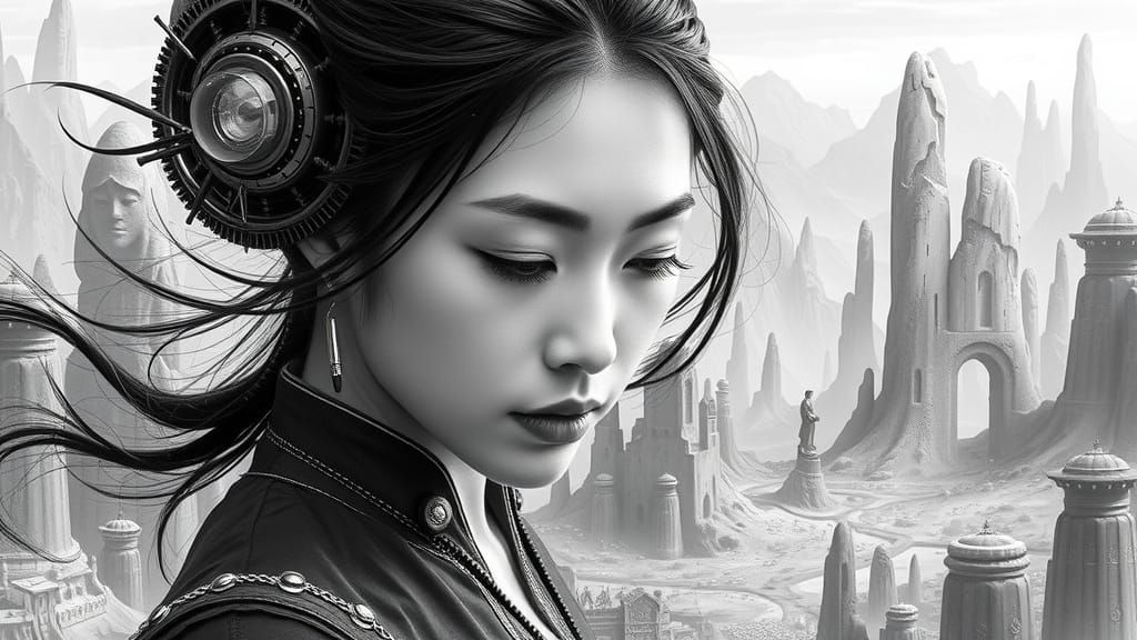Ethereal Steampunk Goddess in Vast Utopian Landscape