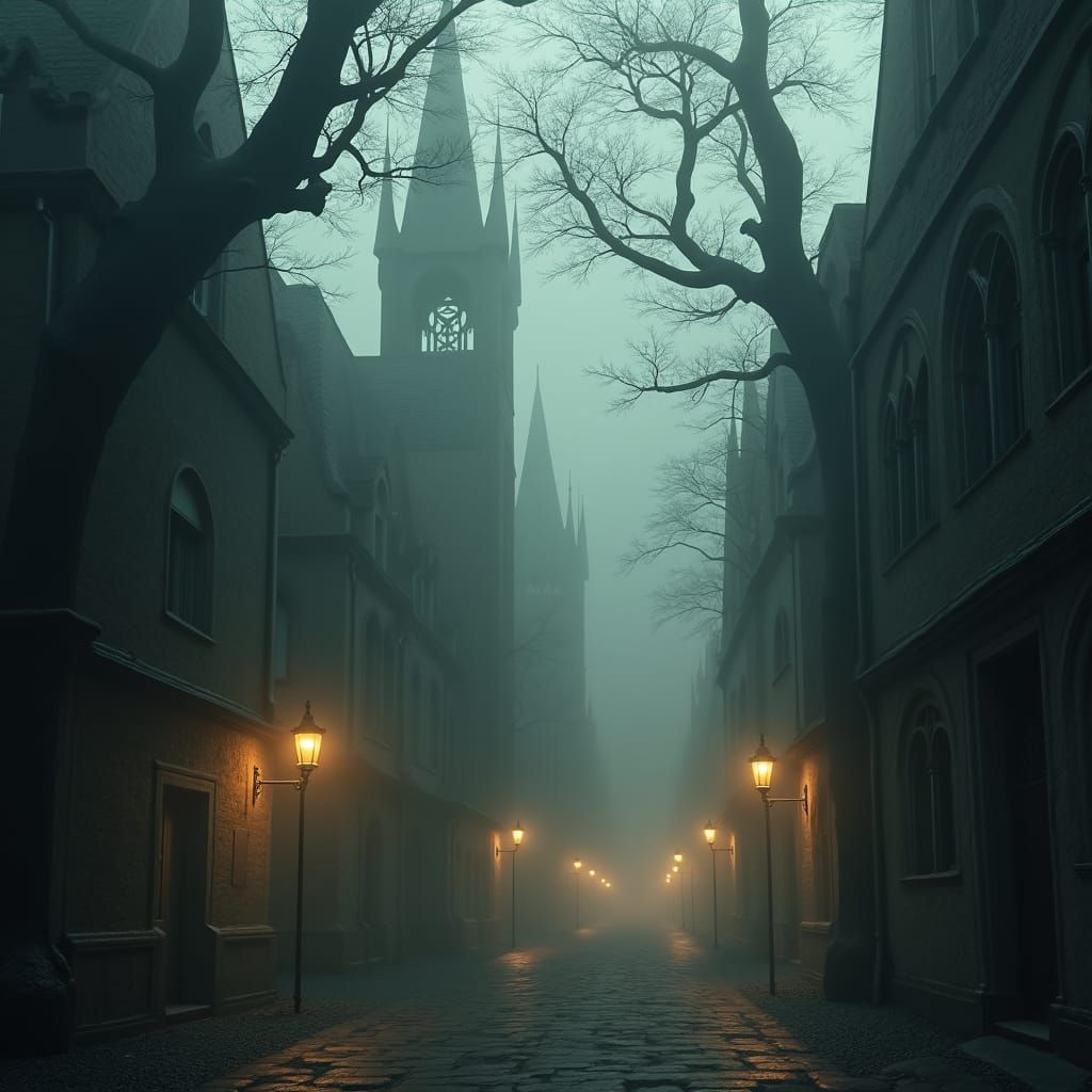Ethereal Gothic Cityscape in Somber Mystique