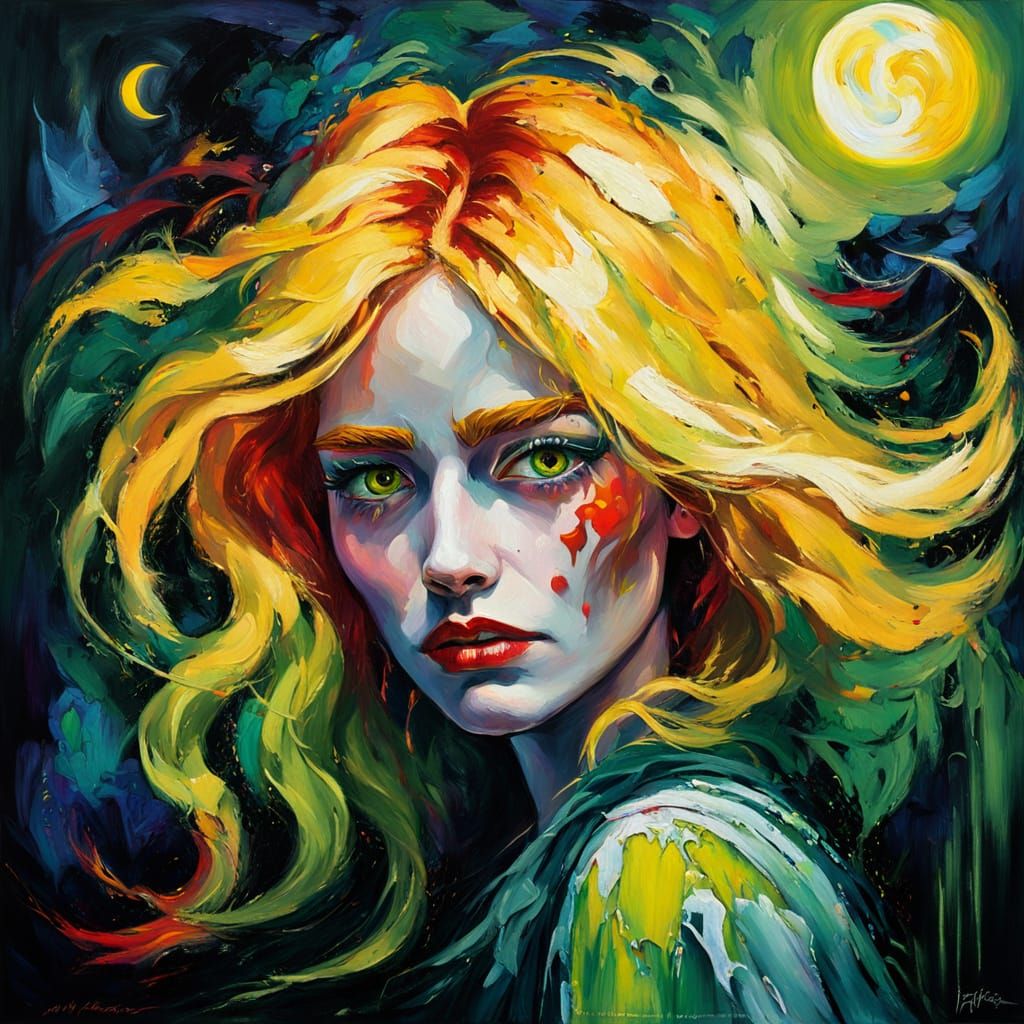 Woman with Yellow Hair and Red Tears, Fauvist Oil Painting