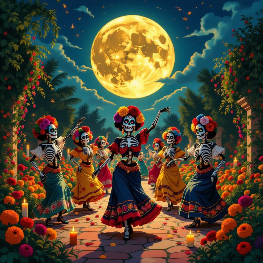 Dia de los Muertos Zombies Dancing Under Moonlight
