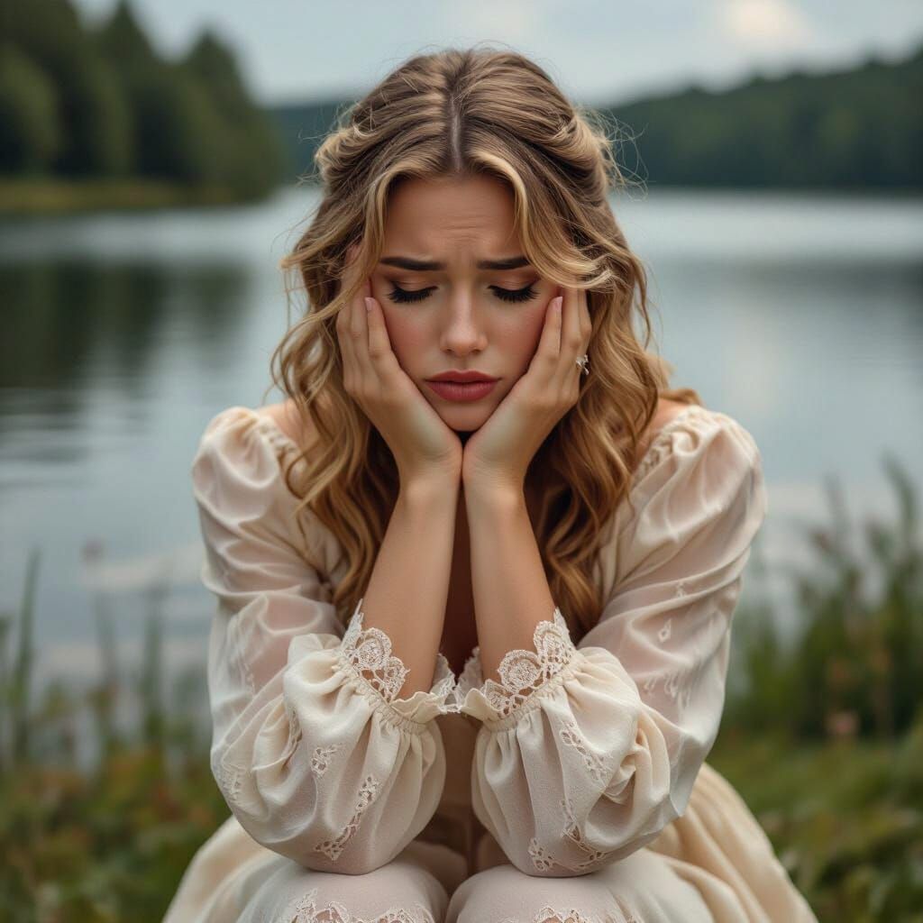Woman in Lace Dress Crying by Lake, Hyperrealistic Style
