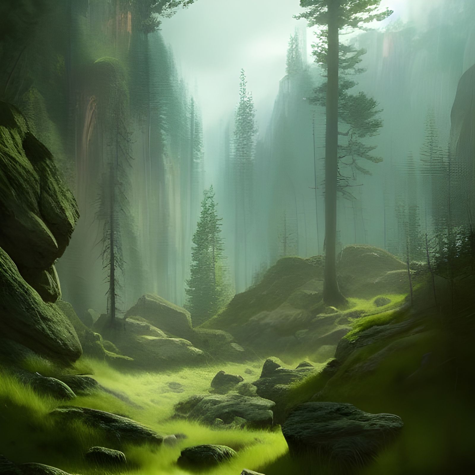 Ethereal Green Valley with Pine Trees