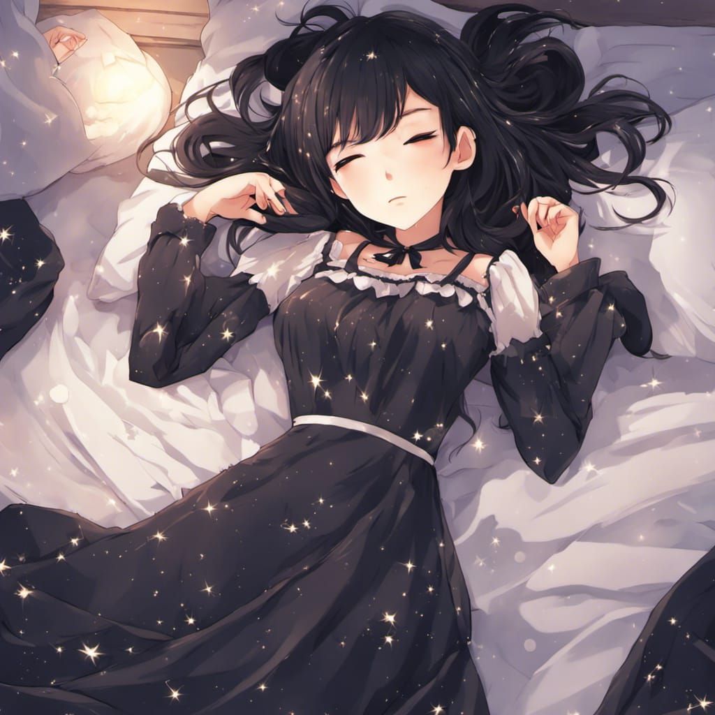 Girl in Starry Dress Sleeping: Anime Style