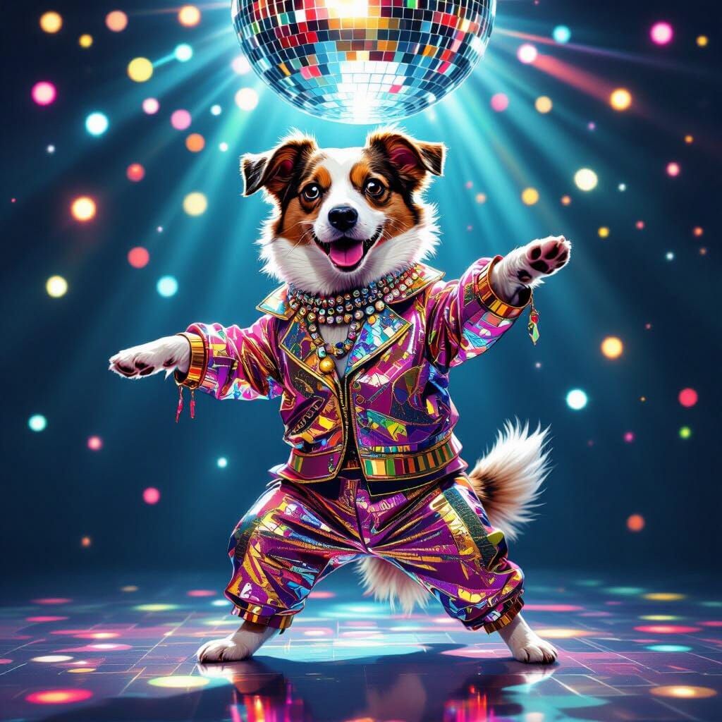 Doge Dances Under Disco Ball in Pop Art Style