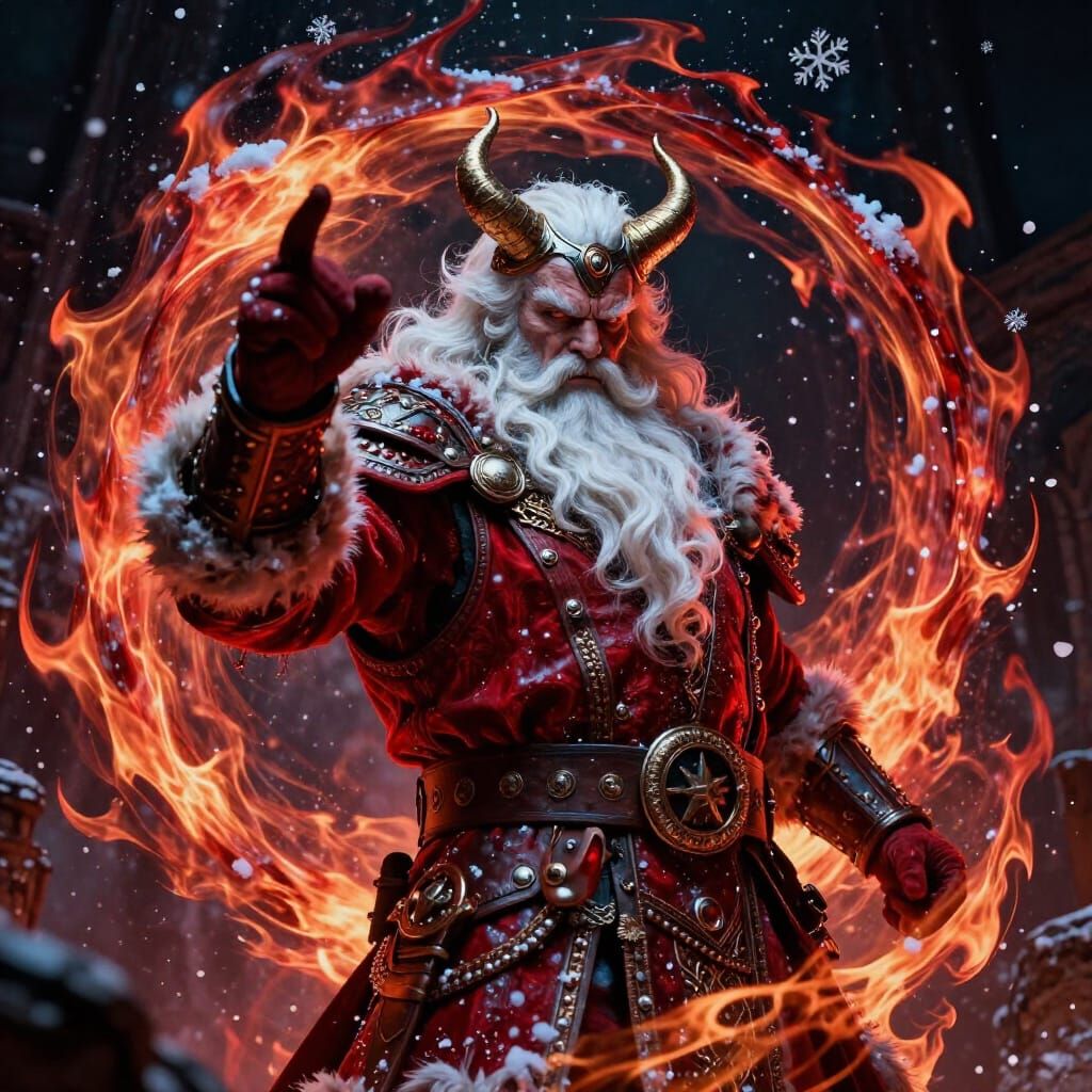 Heavy Metal Santa with Devil Horns and Burning Snowflakes